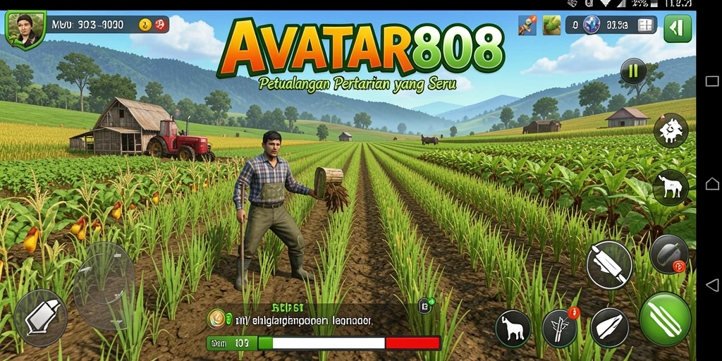 Tampilan gameplay AVATAR808 yang menarik saat bertani dan merawat hewan.
