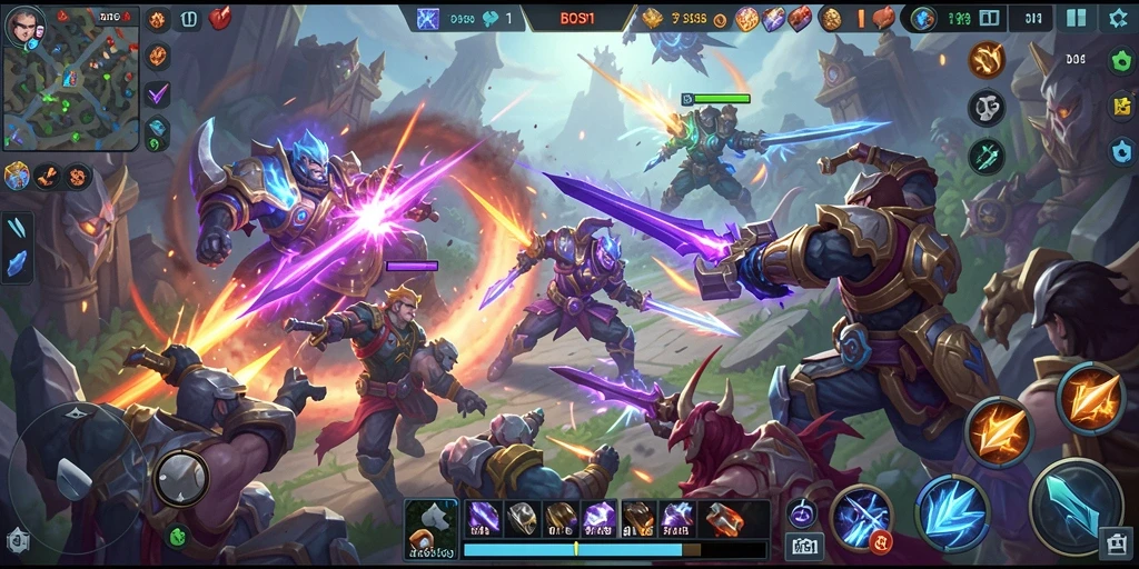 Screenshot gameplay epik dari BOS01 dalam mode MOBA.