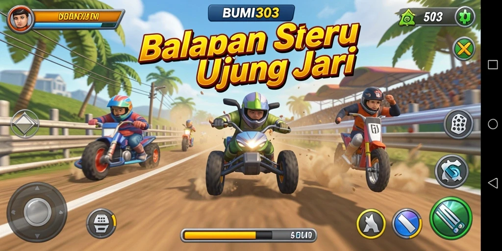 Screenshot gameplay BUMI303 yang menampilkan balapan penuh aksi.