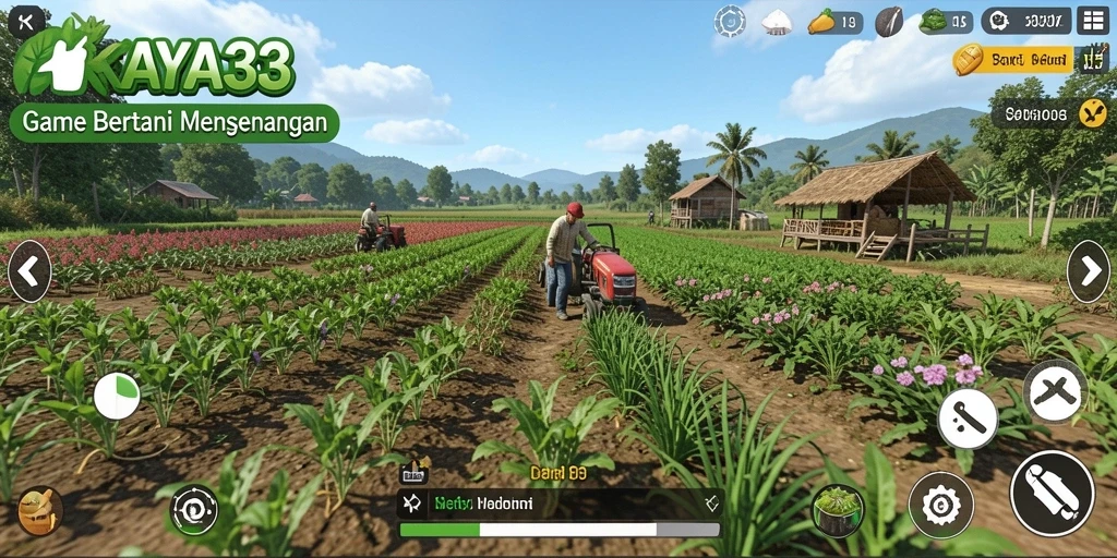 Screenshot gameplay KAYA33 menampilkan suasana pertanian yang asri dan aktivitas bertani.