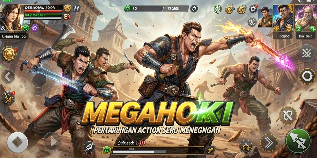 Tampilan aksi seru dalam game MEGAHOKI dengan pertempuran menegangkan.