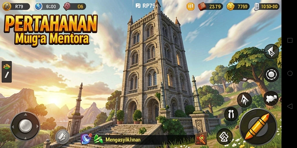 Screenshot RP79 menampilkan pertahanan menara yang tangguh melawan serangan musuh.