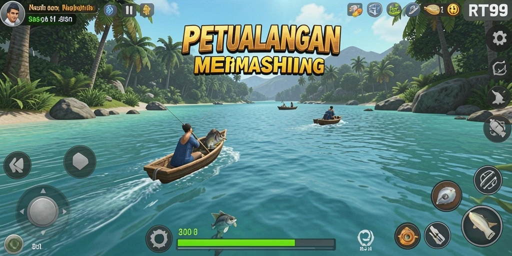 Screenshot gameplay RT99 menunjukkan momen menangkap ikan yang mendebarkan.