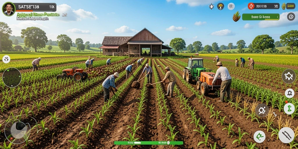 Screenshot SATSET138 menampilkan lahan pertanian yang rimbun dan aktivitas bercocok tanam.