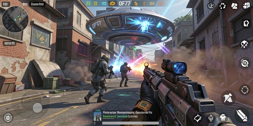 Tangkapan layar utama UFO77 menampilkan aksi gameplay seru dalam mode FPS.