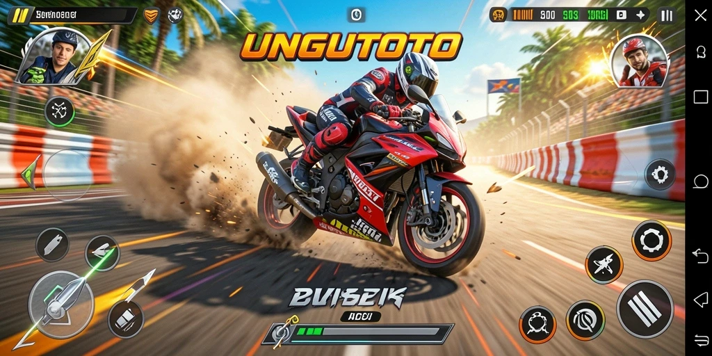 Gameplay balap motor yang seru dan menegangkan.
